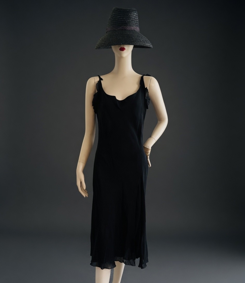 Vintage LAPIS Women Gown M Black V Neck Ruffle Sheer Ball Gown Tie Shoulder Midi - Picture 8 of 13